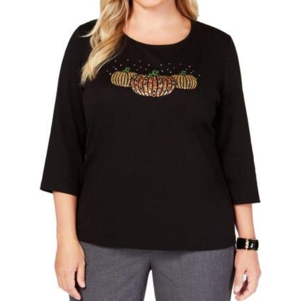 Karen Scott Womens Jewel Pumpkin Basic T-Shirt, Black, 2X